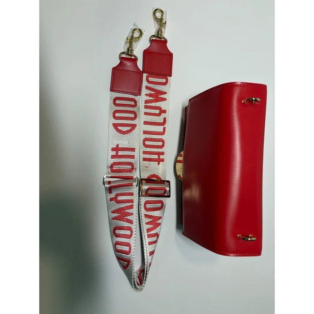 Red Leather Accordion Crossbody Bag Hollywood Logo Strap Gold‎ Hardware